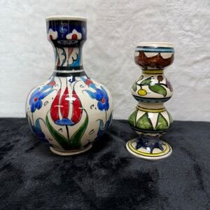 2 Hand Painted Turkish Iznik Style Ceramic Bud Vases Set Floral Red Blue Yellow